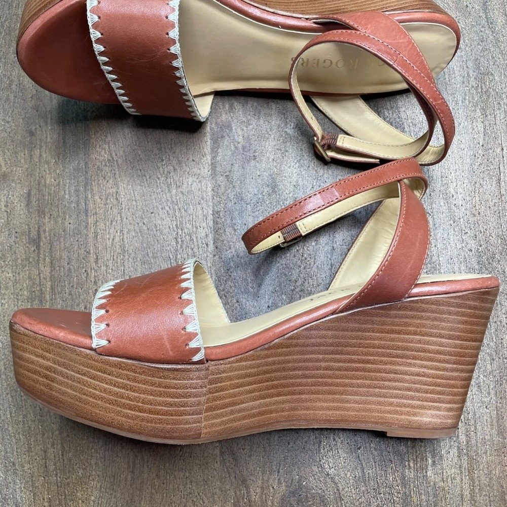 JACK ROGERS Wedge Sandals Women's 9 Brown‎ Leather Whipstitch Palmer Platform
